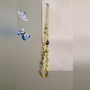 36in green and yellow glass and beaded necklace